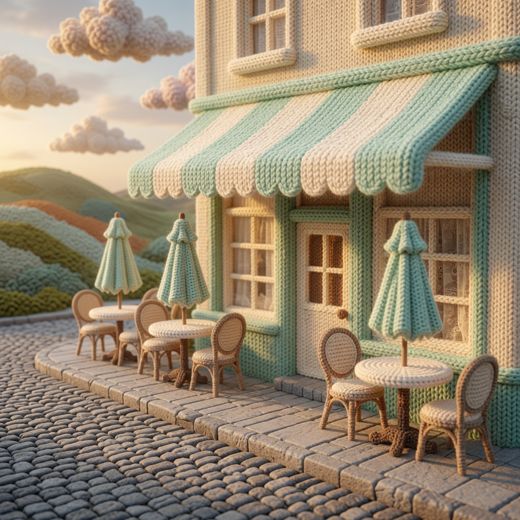 Outdoor Cafe Patio — free Scenes & Villages knitted art print