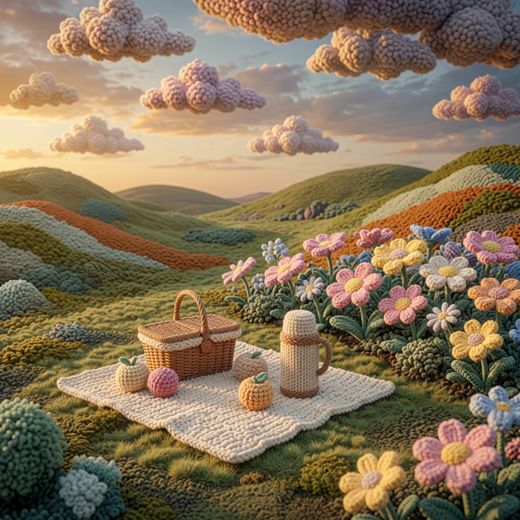 Picnic Basket In Flowers — free Scenes & Villages knitted art print