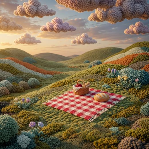 Picnic Blanket On Hillside — free Scenes & Villages knitted art print