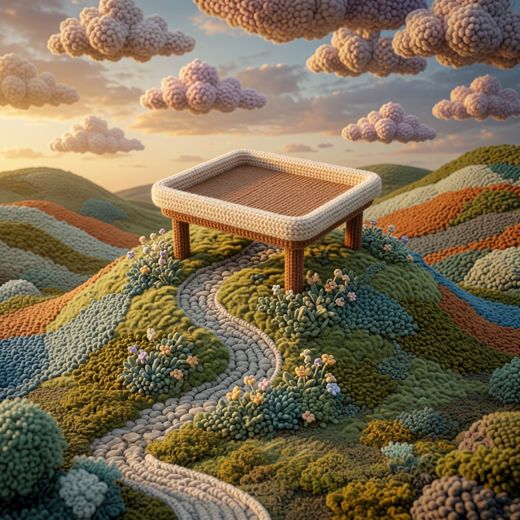 Picnic Table In Meadow — free Scenes & Villages knitted art print