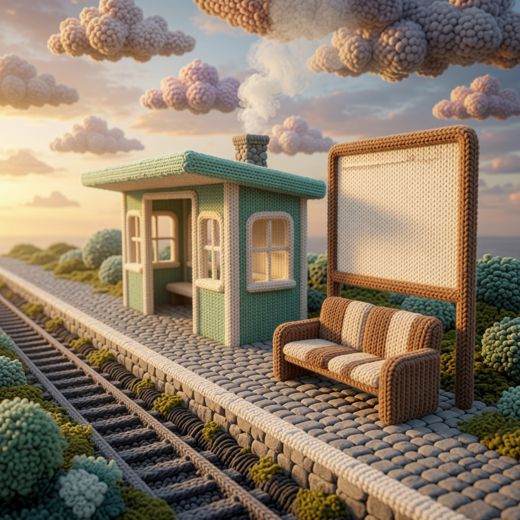 Train Station Platform Bench — free Scenes & Villages knitted art print