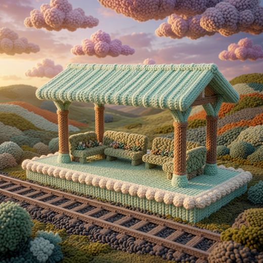 Train Station Platform Bench — free Scenes & Villages knitted art print