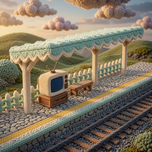 Train Station Platform With Tv — free Scenes & Villages knitted art print