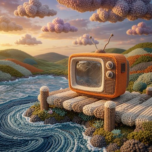Tv Set On Dock — free Scenes & Villages knitted art print