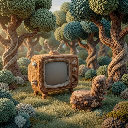 Vintage Tv In Forest — free Scenes & Villages knitted art print