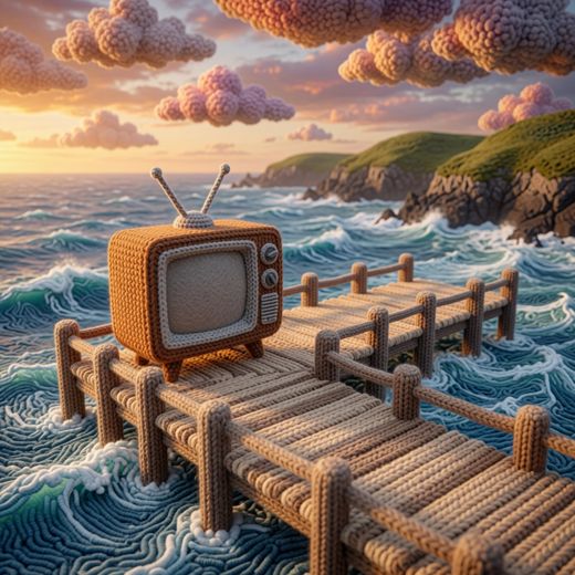 Vintage Tv On Ocean Pier — free Scenes & Villages knitted art print
