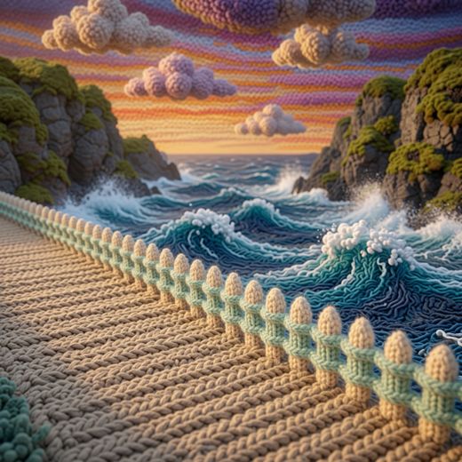 Cliffside Pier Waves — free Scenes & Villages knitted art print