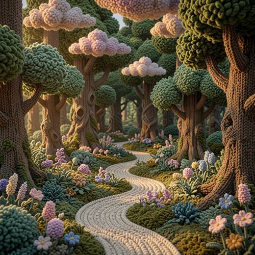 Forest Path With Trees — free Scenes & Villages knitted art print