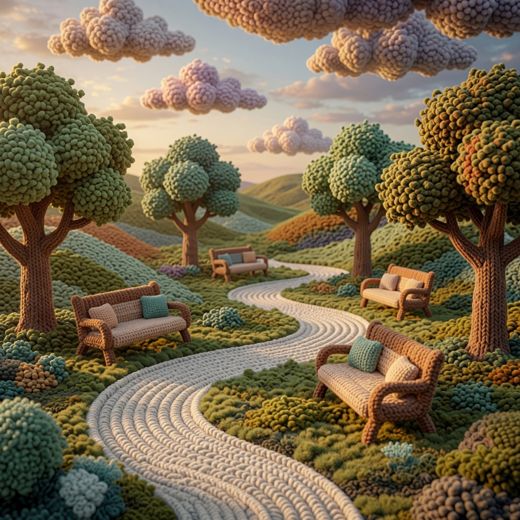 Garden Path With Benches — free Scenes & Villages knitted art print