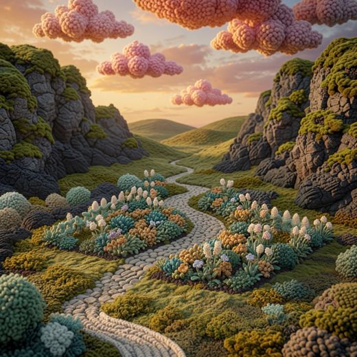 Hillside Flower Path — free Scenes & Villages knitted art print