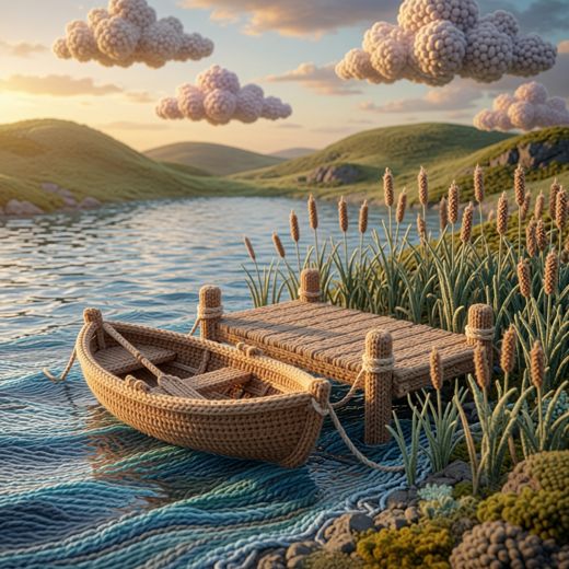 Lake With Rowboat And Dock — free Scenes & Villages knitted art print