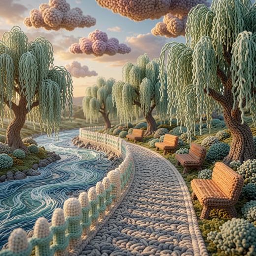 Riverside Path With Willows — free Scenes & Villages knitted art print