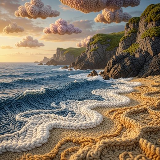 Rocky Coastal Waves — free Scenes & Villages knitted art print
