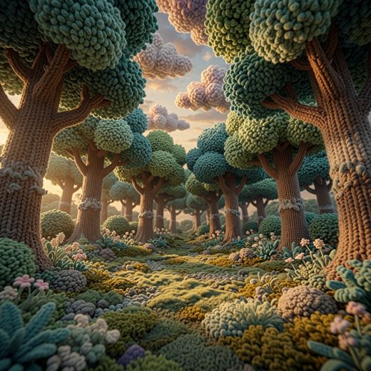 Sunlit Forest Path — free Scenes & Villages knitted art print