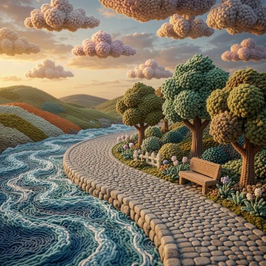 Winding River Landscape — free Scenes & Villages knitted art print