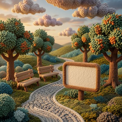 Park Bench And Signboard — free Scenes & Villages knitted art print