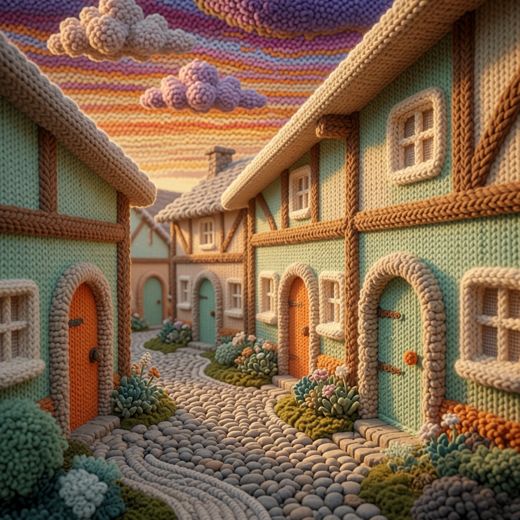 Cottage Row Village Street — free Scenes & Villages knitted art print