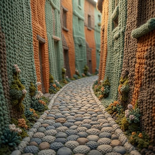Narrow Alley Between Buildings — free Scenes & Villages knitted art print