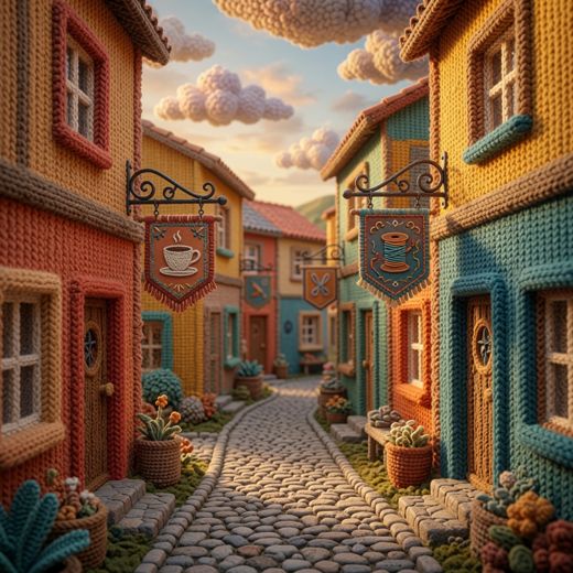 Row Of Colorful Village Houses — free Scenes & Villages knitted art print
