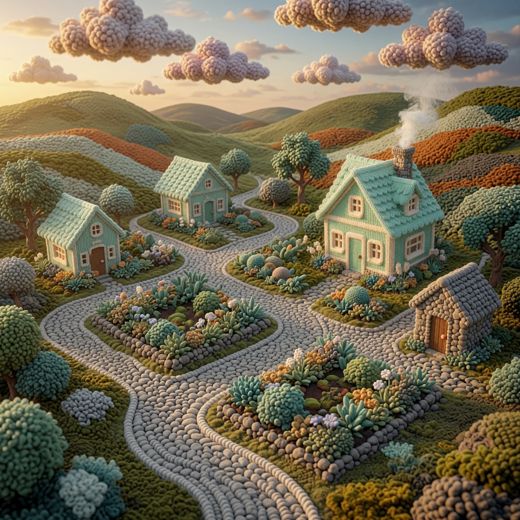 Village Houses Along Path — free Scenes & Villages knitted art print