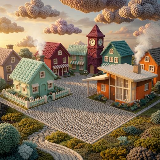 Village Houses With Clock Tower — free Scenes & Villages knitted art print