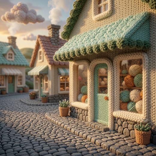 Village Shop Street — free Scenes & Villages knitted art print
