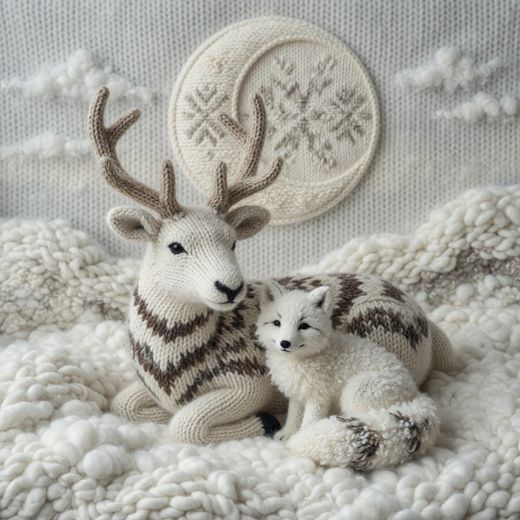 Arctic Fox And Reindeer Cuddling — free Seasons in Yarn knitted art print