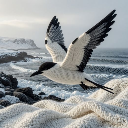 Flying Seabird Over Ocean — free Seasons in Yarn knitted art print