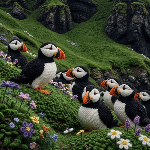Puffins On Cliff — free Seasons in Yarn knitted art print