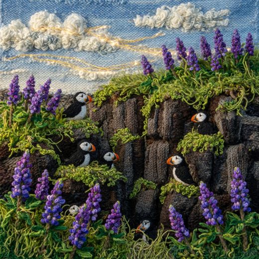 Puffins On Cliffside Flowers — free Seasons in Yarn knitted art print