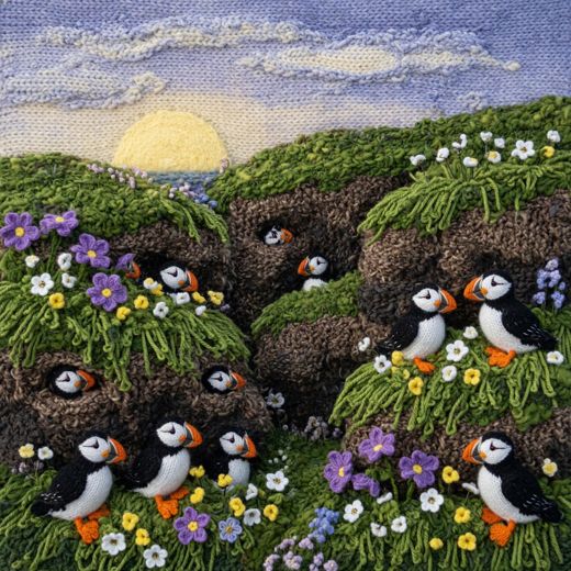 Puffins On Flowery Cliff — free Seasons in Yarn knitted art print