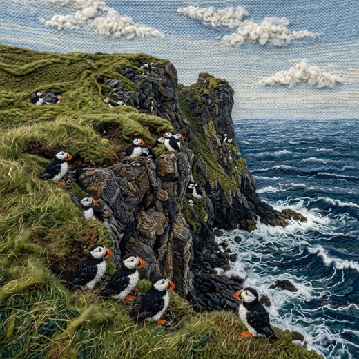 Puffins On Sea Cliff — free Seasons in Yarn knitted art print