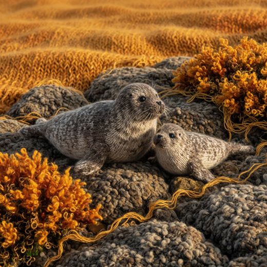 Seal And Pup On Rocks — free Seasons in Yarn knitted art print