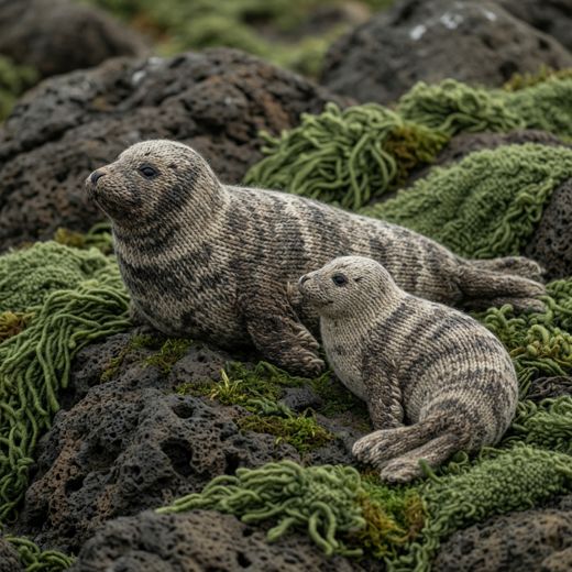 Seals Resting On Rocks — free Seasons in Yarn knitted art print