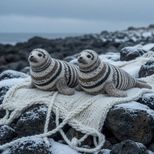 Two Seals On Rocks — free Seasons in Yarn knitted art print