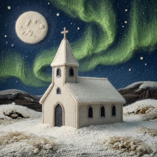 Chapel Under Northern Lights — free Seasons in Yarn knitted art print