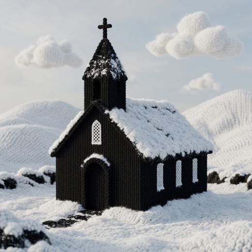 Snowy Black Church — free Seasons in Yarn knitted art print