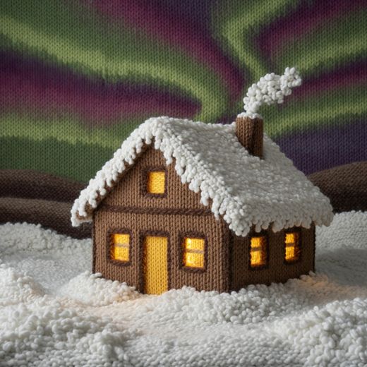 Snowy Cottage With Aurora — free Seasons in Yarn knitted art print