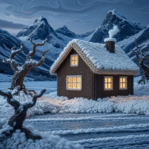 Snowy Winter Cottage — free Seasons in Yarn knitted art print
