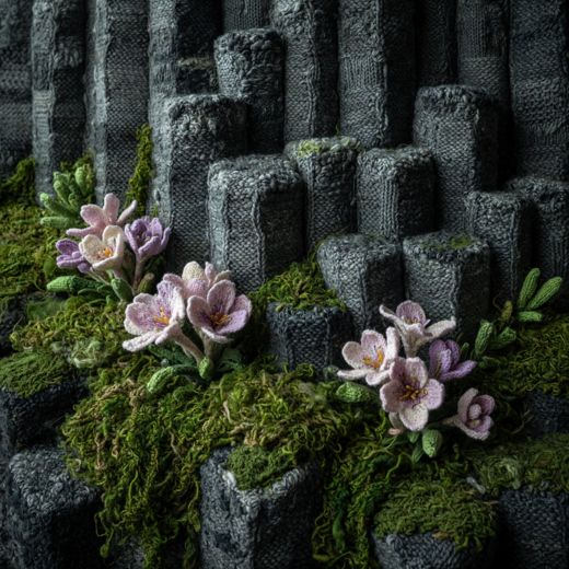 Basalt Columns With Flowers — free Seasons in Yarn knitted art print