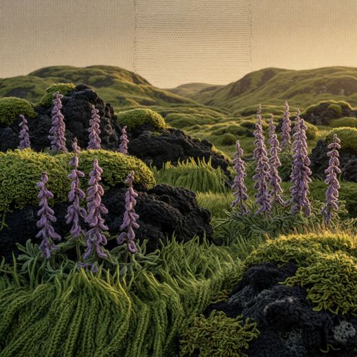 Lupine Hillside — free Seasons in Yarn knitted art print