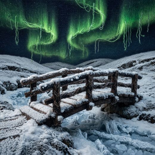 Aurora Over Snow Bridge — free Seasons in Yarn knitted art print