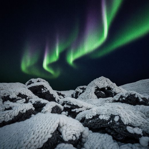 Aurora Over Snowy Rocks — free Seasons in Yarn knitted art print