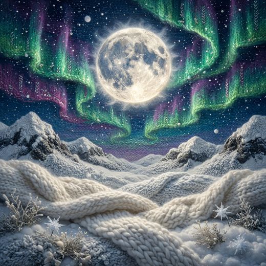 Full Moon And Aurora Over Snow — free Seasons in Yarn knitted art print