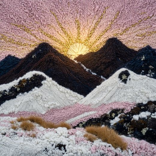 Pink Sunset Snowy Mountains — free Seasons in Yarn knitted art print