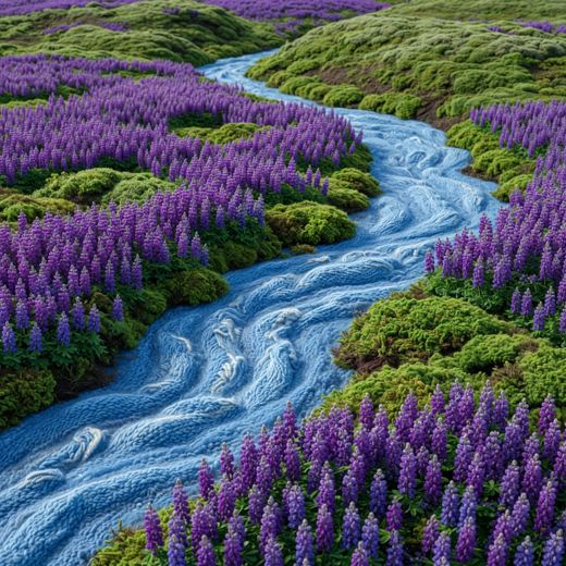 River Through Lupine Fields — free Seasons in Yarn knitted art print