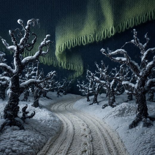 Snowy Forest Path With Aurora — free Seasons in Yarn knitted art print