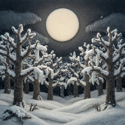 Snowy Pine Forest Moon — free Seasons in Yarn knitted art print