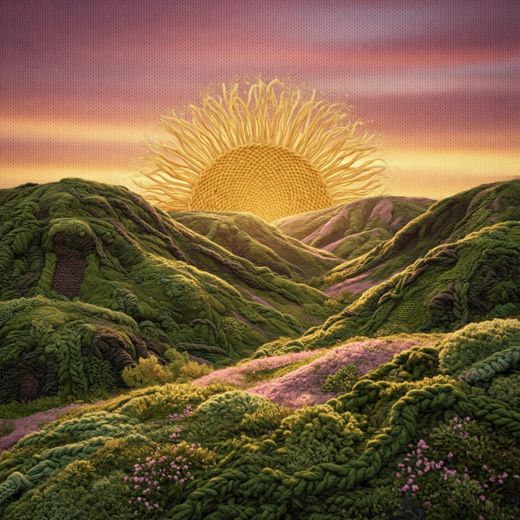 Sunrise Over Misty Hills — free Seasons in Yarn knitted art print