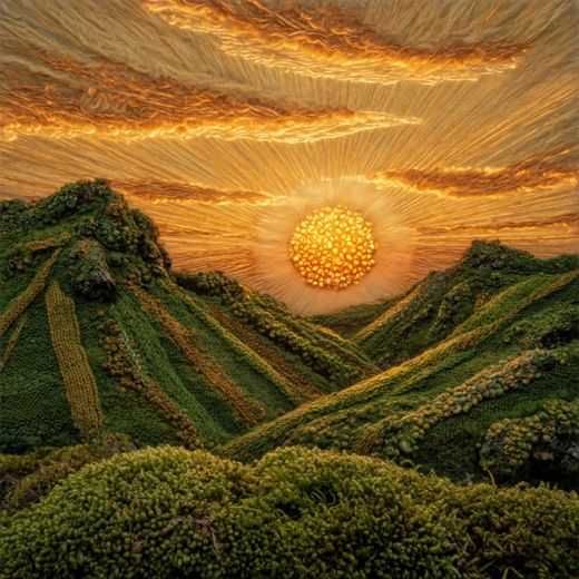 Sunset Over Green Hills — free Seasons in Yarn knitted art print